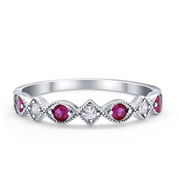 Art Deco Stacking Half Eternity Wedding Ring Simulated Ruby CZ 925 Sterling Silver